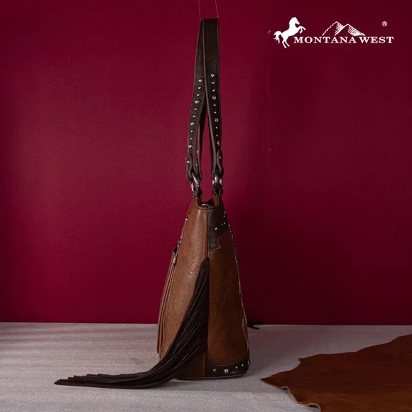 Montana West Embroidered Fringe Concealed Carry Boot Purse Tote Brown
